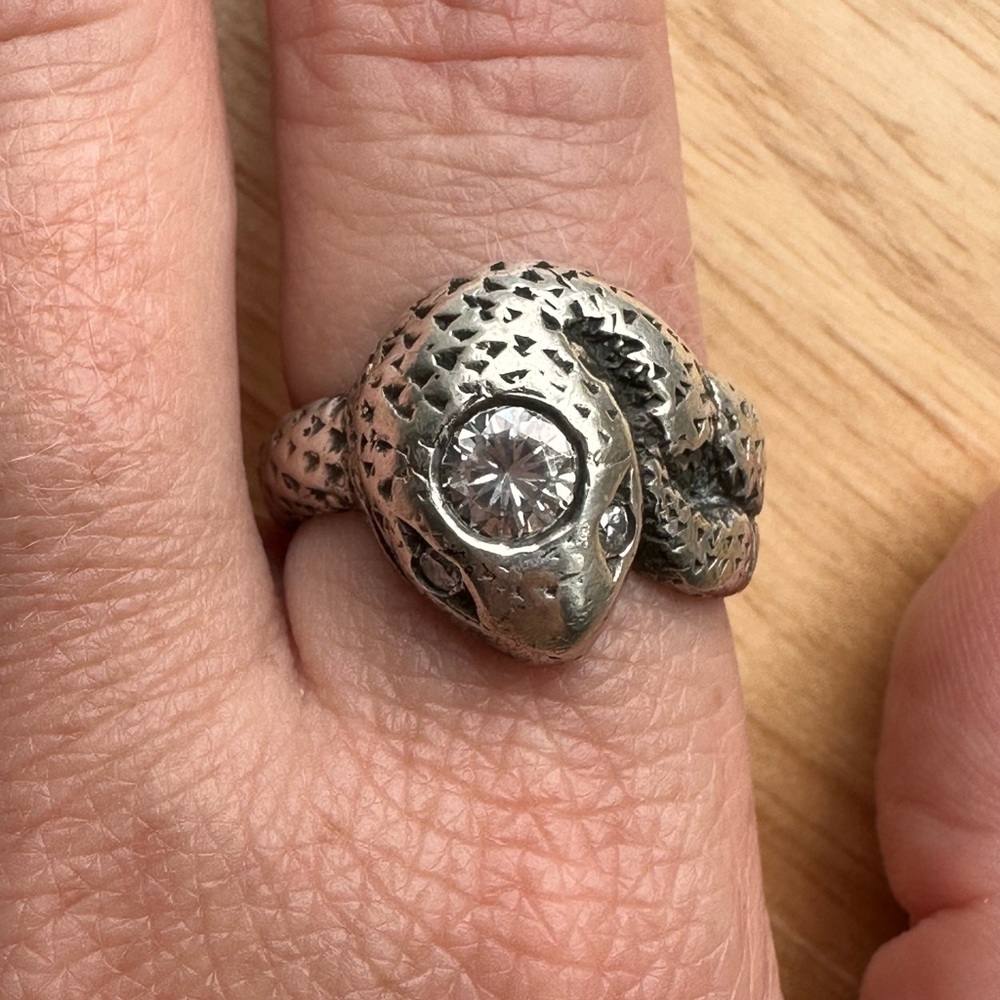 One of a Kind Vintage Sterling Silver Snake Ring with Round CZ Center size 9.5